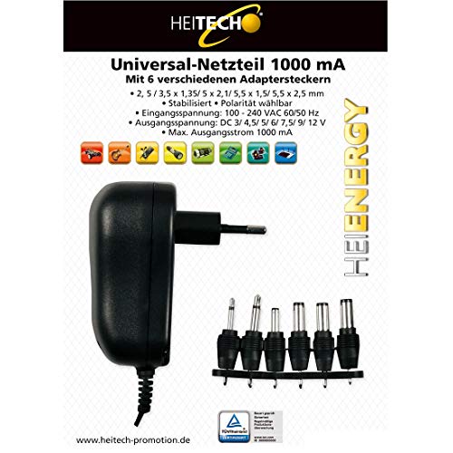 Fuente de alimentación universal HEITECH Comprobada por el TÜV - enchufe de red hasta máx. 1000mA, 3-12V ajustable, incl. 6 enchufes adaptadores - adaptador de red para la alimentación de muchos aparatos eléctricos pequeños.