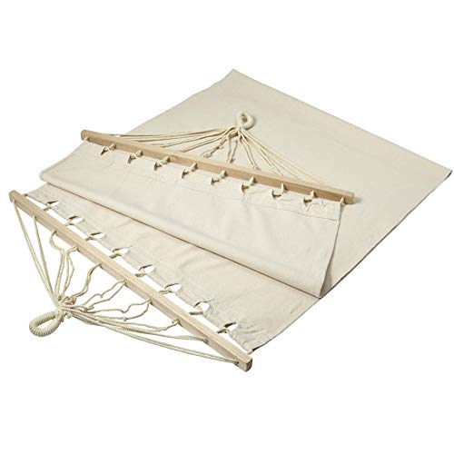 FUN FAN LINE® Hamaca Colgante para jardín Exterior de Tela con travesaños de Madera y Soporte. Estilo Cama Ideal para niños y Adultos. Presentado en una Bolsa de Lona.