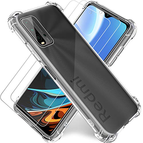 Funda para Xiaomi Redmi 9T Transparente,Carcasa Redmi 9/9 Power 6.53"+2Pack Cristal Templado y Protector de Pantalla,Silicona TPU Airbag Anti-Choque Ultra-Delgado Case,No Aplica Redmi Note 9T