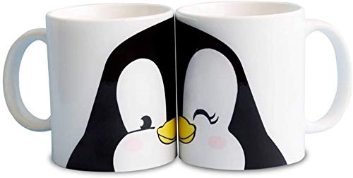 FUNNY CUP 2 Tazas Parejas de pinguinos Enamorados. Románticas Tazas en Conjunto para Regalo.