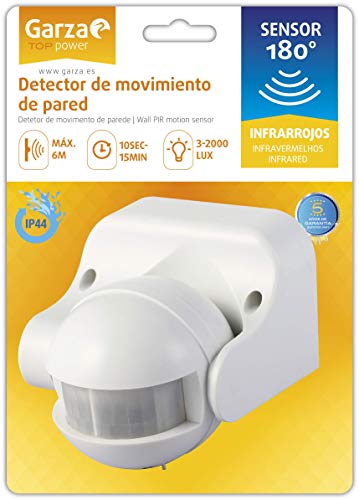 Garza Power - Detector de Movimiento Infrarrojo de Pared, Ángulo de Detección 180º, protección IP44 (exterior), Blanco