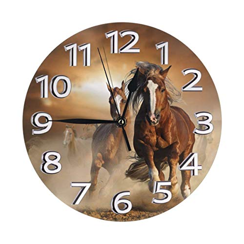 GOSMAO 25cm (9.8") Redondo Reloj de Pared Silencioso No Tick Tack Ruido Reloj de Pared Caballos Castaños Salvajes
