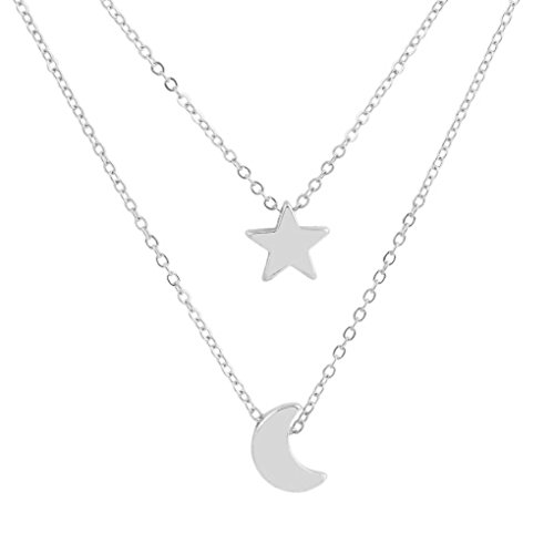 GOTTING Doble Capa mujeres collar geométrico Luna Star Girl regalo de la joyería del cuerpo colgante de cadena del cuello cuelgan ajustable plata