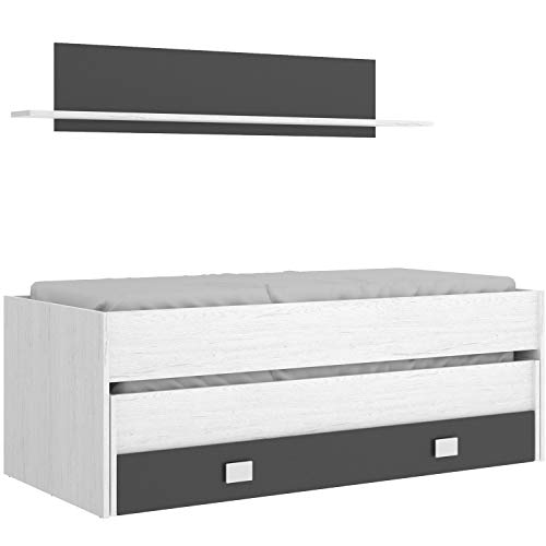 HABITMOBEL Cama Nido Juvenil con Cajon y Estante Superior Acabado Blanco Artic y Grafito HABITMOBEL Cama Nido Juvenil con Cajon y Estante Superior Acabado Blanco Artic y Grafito