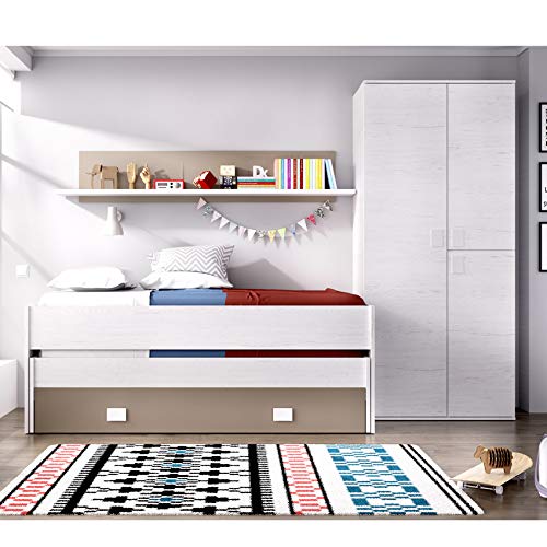HABITMOBEL Pack Dormitorio Juvenil, Cama Nido 2 cajones + Armario de 3 Puertas 90 cm,Blanco Artico