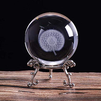 HDCRYSTALGIFTS Pisapapapeles de bola de cristal tallado con diente de león en 3D, con soporte de flores chapado en plata, 60 mm