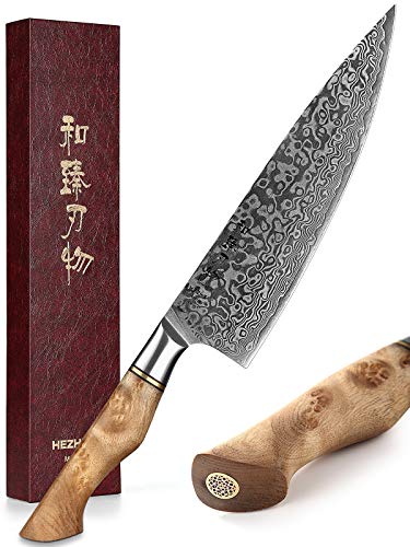 HEZHEN cuchillo de Chef profesional de acero de Damasco de 21cm, cuchillo de cocina VG10 cuchillo Gyuto cuchillo de sushi, adecuado para restaurantes familiares Figured Sycamore Wood Handle