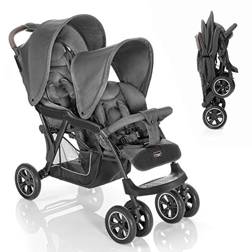 Hoco Tandem - Silla Gemelar de Paseo - Carrito gemelos ligero y maniobrable con mecanismo de plegado con una mano - Silla doble hermanos diferentes edades - Gris