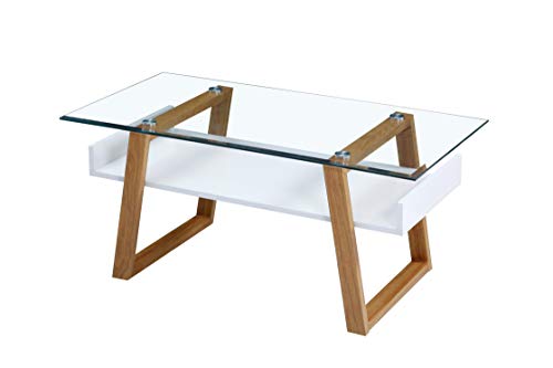 HOGAR24 ES Thelma- Mesa Centro Moderna de Cristal, Patas Color Roble Cambrian, Bandeja Inferior Madera Color Blanco. HOGAR24 ES Thelma- Mesa Centro Moderna de Cristal, Patas Color Roble Cambrian, Bandeja Inferior Madera Color Blanco.