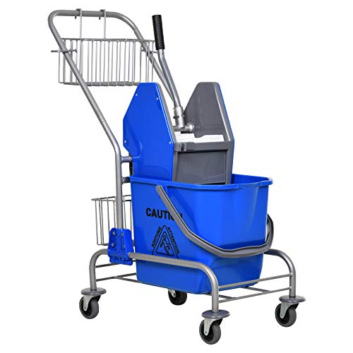HOMCOM Cubo de Fregona Cubo Fregado Comercial con Escurridor de Presión hacia Abajo Ruedas y Cestas de Almacenamiento Capacidad de 26 L 73x45x95 cm Azul HOMCOM Cubo de Fregona Cubo Fregado Comercial con Escurridor de Presión hacia Abajo Ruedas y Cestas de Almacenamiento Capacidad de 26 L 73x45x95 cm Azul