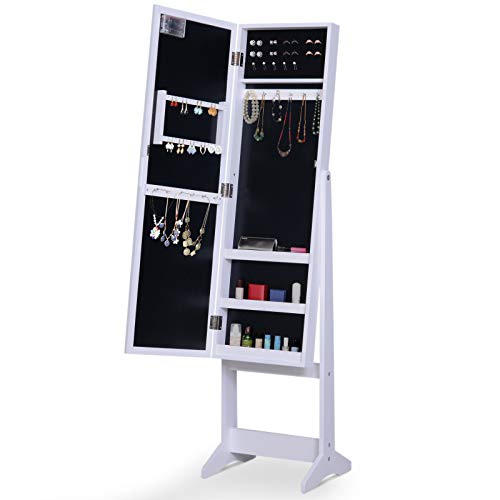HOMCOM Joyero de Pie con Espejo Armario para Joyas 16 Luces LED Reclinable Guardajoyas Anillos Pendientes Collares Madera 36x30x136cm Blanco HOMCOM Joyero de Pie con Espejo Armario para Joyas 16 Luces LED Reclinable Guardajoyas Anillos Pendientes Collares Madera 36x30x136cm Blanco