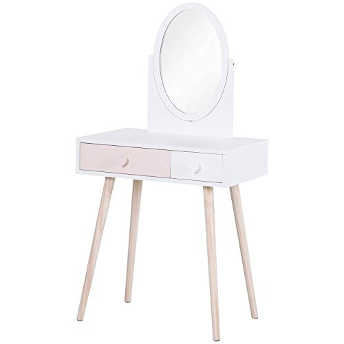 HOMCOM Tocador de Madera Infantil con Espejo y 2 Cajones 69x49x136 cm Blanco y Rosa HOMCOM Tocador de Madera Infantil con Espejo y 2 Cajones 69x49x136 cm Blanco y Rosa