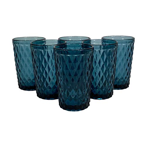 Homevibes Juego de 6 Vasos De Agua con Relieve, Set de 6 Vasos, Capacidad 350ml, Diseño Retro, Medidas 8x12.5, Cristaleria De Calidad (Azul)