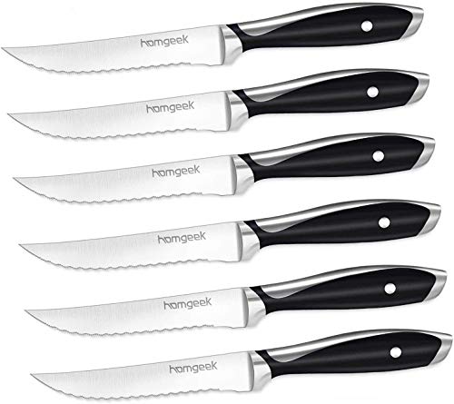 Homgeek - Juego de cuchillos resistentes de hoja fina para carne, 6 unidades, acero inoxidable alemán X50Cr15, color negro