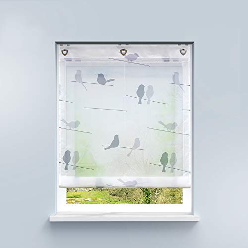 HongYa Estor sin agujeros, voile, cortina transparente con ganchos para colgar, para cocina, ventana pequeña, alto/ancho/ancho/ancho/140/60 cm, diseño de pájaros