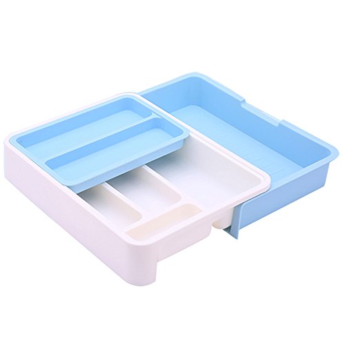 HornTide 3-en-1 Bandeja para cajones Organizador de almacenamiento de utensilios extensible Soporte para vajilla de plástico para cubiertos y más - Azul