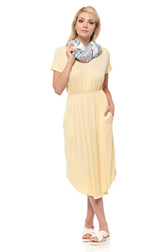 iconic Luxe vestido midi de manga corta para mujer con bolsillos en sólido y floral, fabricado en Estados Unidos -  Beige -  Large