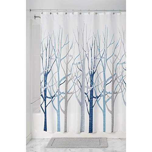 InterDesign Forest Cortina de baño de diseño | Preciosa cortina de ducha de 183 x 183 cm | Cortinas modernas para bañera o ducha con dibujo de árboles | Poliéster azul/gris