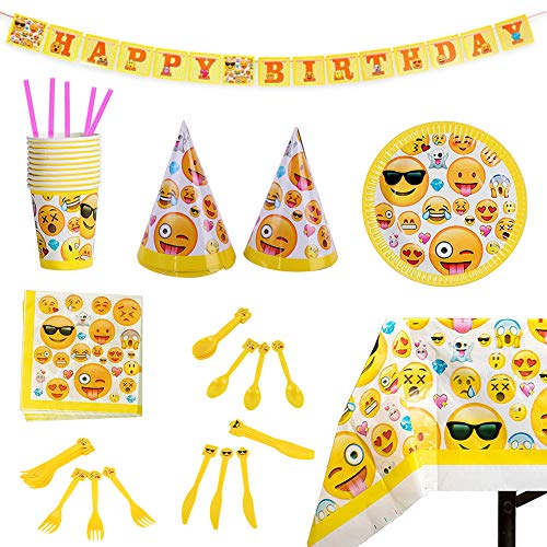 INTVN 78 Piezas Vajilla Emoji Emoticonos para Cumpleaños ，Party Fiesta de Infantiles Cumpleaños ，Juego de Cena, Cubertería, Platos, Vasos Desechables, servilletas, Mantel