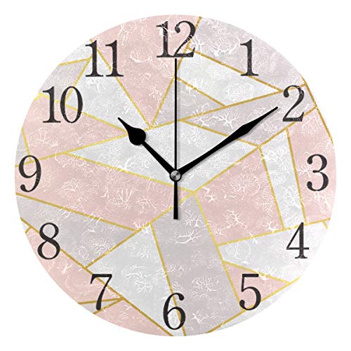 ISAOA Reloj de pared moderno de mármol con geometría rosa, silencioso, redondo, para dormitorio, niños, sala de estar, cocina, 25 cm