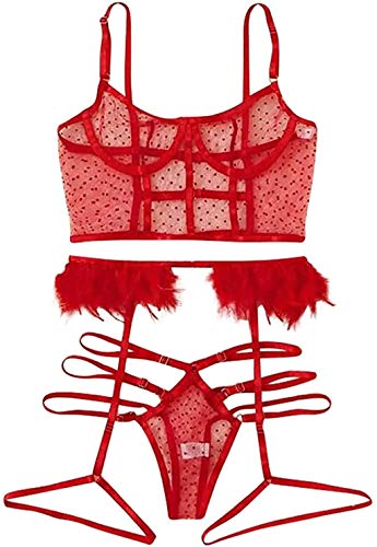 ITVIP Conjunto de ropa interior para mujer, liga de encaje Babydoll de oso de peluche, medias L rojo