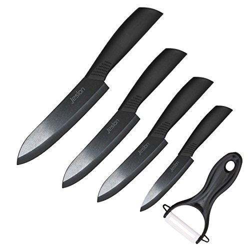 Jeslon cuchillos de cocina de cerámica, 5 piezas cuchillo de cocina profesional conjunto con chaquetas de protección cuchillos de cerámica ligeros incluir 4 cuchillos de cerámica 1 pelador