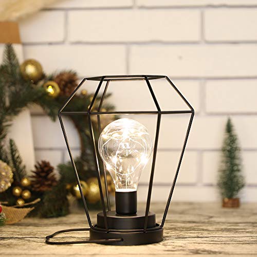 JHY DESIGN Lámpara de bombilla de diamante Jaula 21cm alta Lámpara decorativa Luz inalámbrica a batería con luces de hadas blancas cálidas Lámpara de bombilla LED Edison para sala de estar (negro)