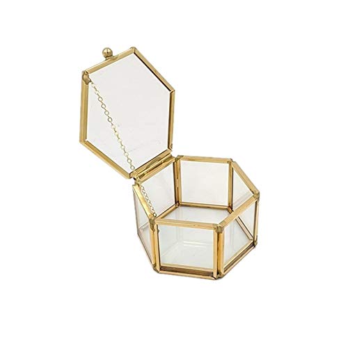 JINSUO Caja de joyería hexagonal de cristal transparente para anillos de boda, caja de anillo de boda geométrica de cristal transparente Joyero organizador de joyas (color: dorado)