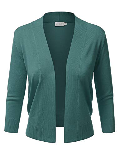 JJ Perfection Women's Basic 3/4 Sleeve Open Front Cropped Cardigan Teal M