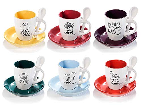 Juego completo de 6 tazas de café express de cerámica multicolor con sus platillos y cucharas a juego.