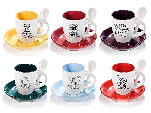 Juego completo de 6 tazas de café express de cerámica multicolor con sus platillos y cucharas a juego. Juego completo de 6 tazas de café express de cerámica multicolor con sus platillos y cucharas a juego.