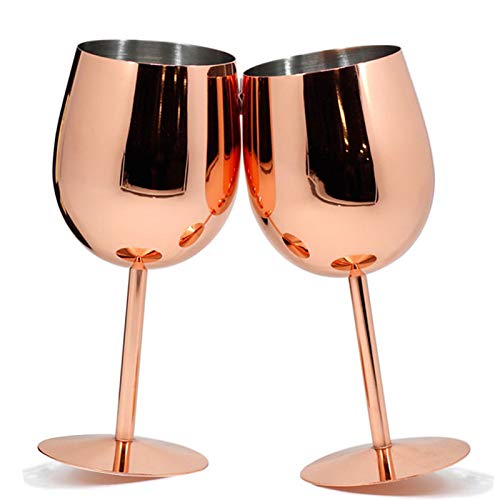 Juego de 2 copas de vino de acero inoxidable de cobre, copas de metal, copas de cóctel, copas de vino de oro rosa, 475 ml (oro rosa)