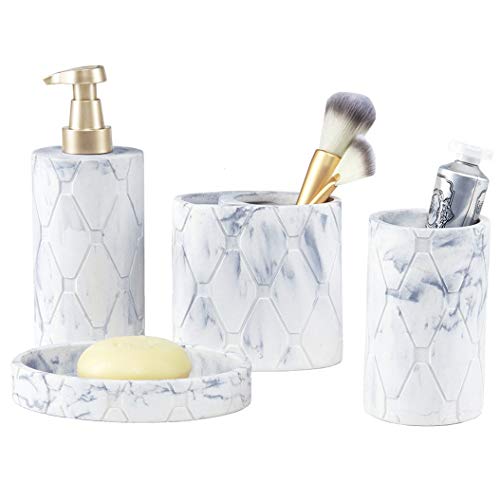 Juego de 4 Accesorios de Lavabo y Baño Moderno Patrón de Mármol con Dispensador de Loción o Jabon Liquido Bote Dosificador Vasos Porta Jabonera Redonda Cepillo de Dientes Azul+Blanco Juego de 4 Accesorios de Lavabo y Baño Moderno Patrón de Mármol con Dispensador de Loción o Jabon Liquido Bote Dosificador Vasos Porta Jabonera Redonda Cepillo de Dientes Azul+Blanco