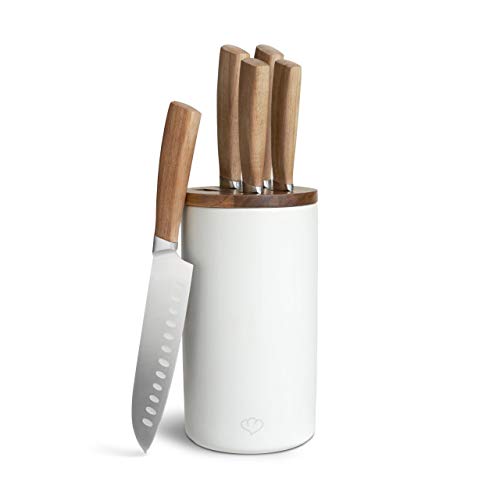 Juego de cuchillos de cocina en acero inoxidable con Bloque de Cuchillos de Cerámica 6 PZAS. mangos ergonómicos hechos de madera de acacia y soporte universal