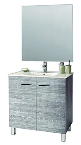 Juego de Mueble de Baño Modelo ESPACE, Conjunto formado por Mueble de Baño Dos Puertas Lacado en Color Ceniza, Medidas (60x45x80), Lavabo Encimera y Espejo. Compacto no precisa montaje