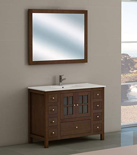 Juego de Mueble de Baño Modelo GRAZALEMA, Conjunto formado por Mueble de Baño Estilo Rústico Color Madera Nogal, Lavabo de Porcelana y Espejo a Juego. Espejo con marco. Ancho 100 cm