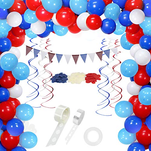 KATOOM 100pcs Globos azules blancos rojos, conjunto de arco de globos con una colorida bandera triangular, confeti redondo, cintas, cinta adhesiva, punto de pegamento para niños y niños.