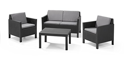 Keter - Conjunto de jardín de 4 plazas Chicago Lounge con cojines incluidos, Color grafito Keter - Conjunto de jardín de 4 plazas Chicago Lounge con cojines incluidos, Color grafito