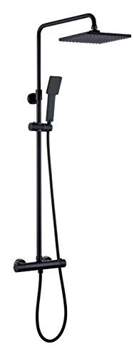 Kibath Conjunto de ducha termostático negro mate cuadrado. Tubo regulable en Altura de 85 a 115 cm. Incluye grifo termostático, maneral, flexo y barra negra telescópica, 830x1200 Kibath Conjunto de ducha termostático negro mate cuadrado. Tubo regulable en Altura de 85 a 115 cm. Incluye grifo termostático, maneral, flexo y barra negra telescópica, 830x1200