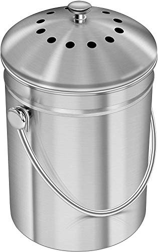 KICHLY 5 litros Cubo de Basura Acero Inoxidable para encimera de Cocina - Cubeta de Compost - Incluye 1 Filtro de carbón de Repuesto