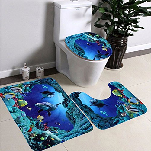 Kicode 3 Piezas Franela Antideslizante Sea World Juegos de alfombras de baño Alfombra de baño + Pedestal Mat + Toilet Seat Cover Mat