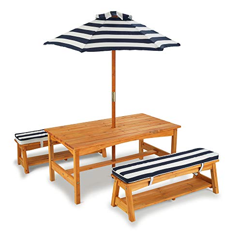 KidKraft- Conjunto de bancos y mesa de madera para exteriores con almohadones y sombrilla, muebles de jardín para niños y niños, Color azul marino y blanco (106)