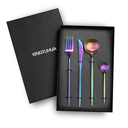 KINGTUHUA Juego de cubiertos de acero inoxidable, 4 piezas, en caja de regalo, incluye cuchillos, tenedores, cucharas y cucharas de café, diseño de arcoíris