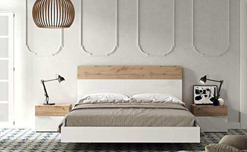 KITKAY Dormitorio Matrimonio Xenia cabecero con bancada y 2 mesillas Lacado Blanco Brillo/Roble - Colchón de 135x200 cm. KITKAY Dormitorio Matrimonio Xenia cabecero con bancada y 2 mesillas Lacado Blanco Brillo/Roble - Colchón de 135x200 cm.