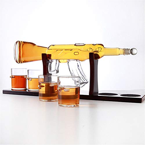 KKTECT Decantador de whisky con piedra de hielo, juego de 4 vasos de cristal y 1 taza de piedra de whisky en soporte clásico de madera para vino, brandy, bourbon, whisky