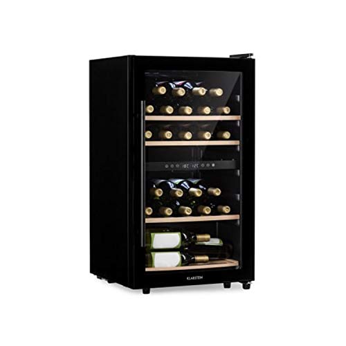 KLARSTEIN Barossa - Refrigerador para vinos, 2 Zonas, Temperatura Regulable 5-18 °C, Estantes de Madera rebatibles, Pantalla LCD, Iluminación Interior LED, Puerta de Vidrio, 34 Botellas, Negro