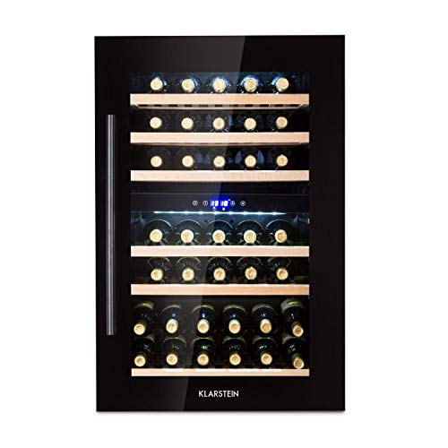 Klarstein Vinsider 35D Onyx Edition Nevera para vinos con puerta acristalada - Ideal vinos, Para montar, 41 botellas, 5-22 °C, Pantalla e iluminación LED, 6 bandejas, Negro