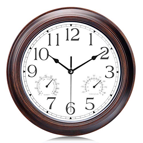 Lafocuse Reloj de Pared Silencioso Vintage con Termometro e Higrometro Reloj de Cuarzo Color Caoba para Cocina Salon Comedor 30cm