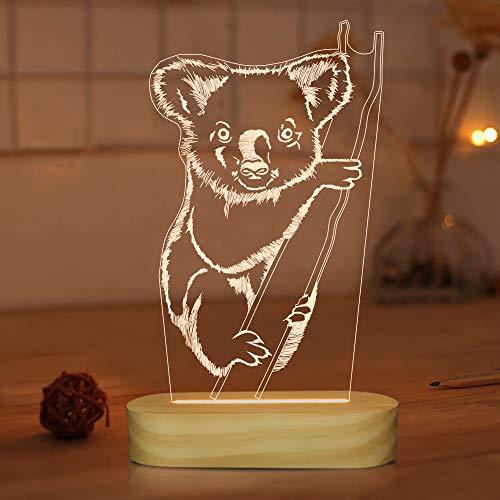 Lámpara 3D de Koala con diseño de oso de Koala con ilusión LED, luz nocturna para niños y niñas, con alimentación USB, color cálido, lámparas de mesa para decoración de dormitorio de bebé