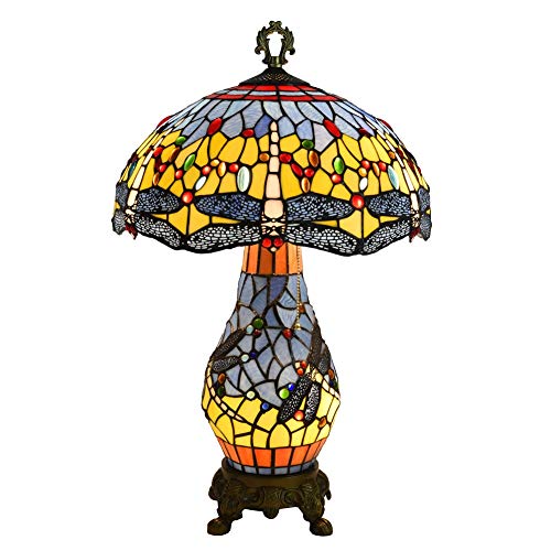 Lámparas Conjunto Lámpara florero de la tabla de la lámpara Tiffany 40CM Tabla de cristal de cristal amarillo de la libélula retro clásico de la sala de la lámpara lámpara de cabecera Bar del hotel Vi